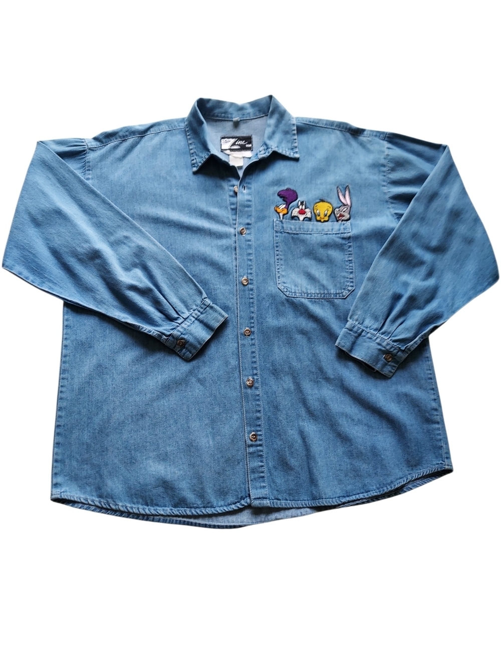 Vintage Looney Tunes Denim Shirt Large Bugs Bunny Tweety Sylvester Road Runner